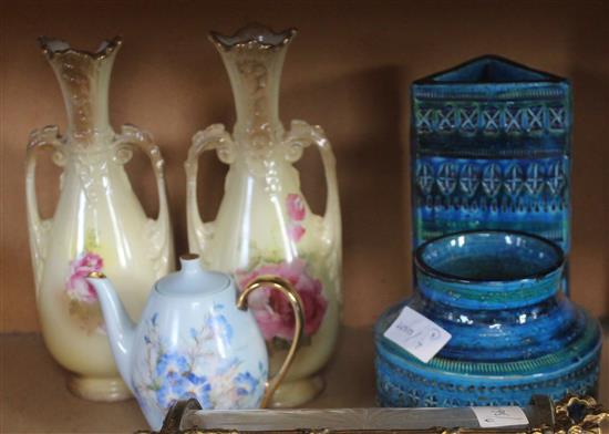 Two 1960s vases & pair blush floral vases & a teapot